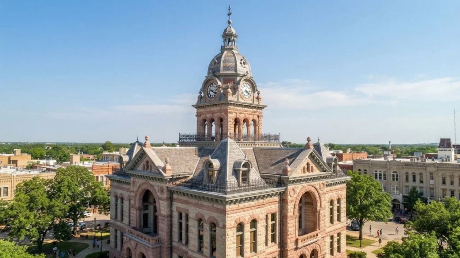 Ornate county courthouse with a clock tower, illustrating the square in Denton, TX